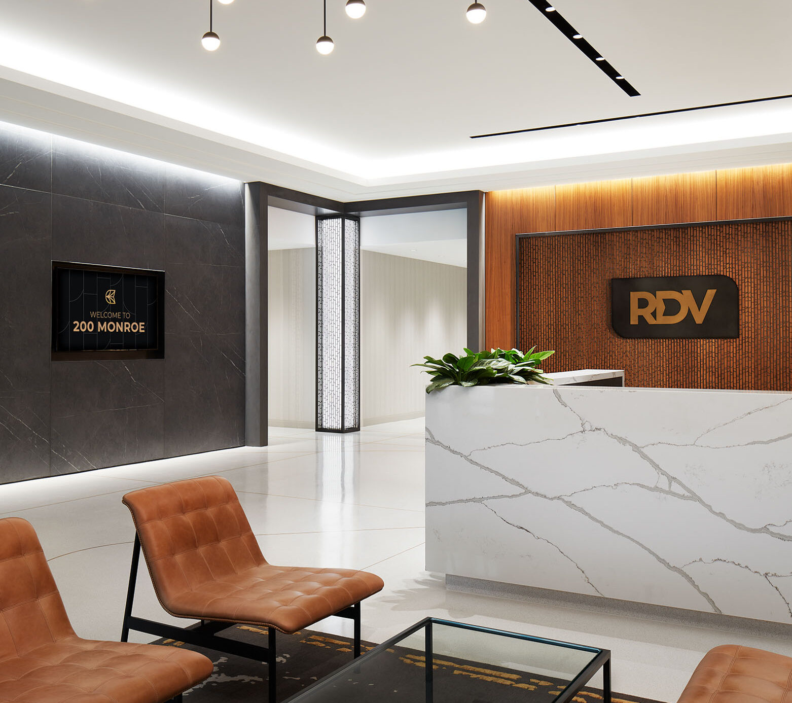 View of the RDV Corp lobby, showing RDV's welcoming and modern entrance.